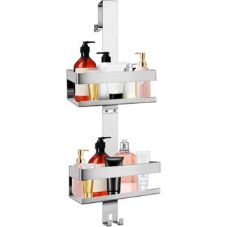 OEM Estante Colgante Para Ducha Con Ganchos, Ajustable, No Requiere Taladrar, 2 Piezas, Para Puertas De Cristal Sin Marco, Color Plata