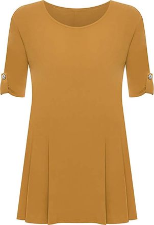 Purple Hanger New Womens Plus Size Stretch Fit Round Neck Plain Button Tops Ladies Three Quarter Turn Up Sleeve T-Shirt Top (26-28, Mustard)