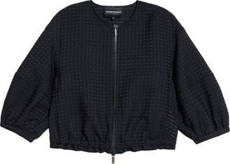 Emporio Armani Vichy 3D Jacquard Zip Jacket in Solid Black at Nordstrom, Size 12 Us