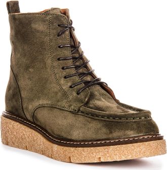 Justinreess England Alani Womens Moc Toe Lace Up Soft Lea Boot Ankle Boots (Olive Green, UK 4)