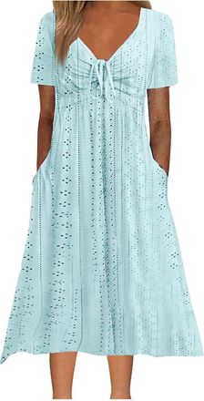 Generic Women Casual Summer Dresses Lace Up V Neck Short Sleeve Dress with Pockets Boho Solid Color Loose Midi Dress Elegant Bohemian Beach Sundress Cocktail 