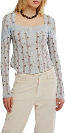 Free People Lets Party Floral Lace Trim Cotton Waffle Knit Button-Up Top in Pearl Blue Combo at Nordstrom Rack, Size X-Large