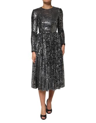 Dolce & Gabbana Womens Black Sequined Long Sleeves Midi A-Line Dress Polyester
