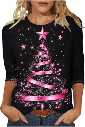 Generic KUIH Christmas Tops for Women Novelty Funny Xmas Tees Elk Snowman Print 3/4 Sleeeve Blouse Lightweight Christmas Tree Jumper Holiday Crewneck Tunic To