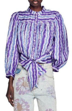 Sandro Peninsula Floral Long Sleeve Silk Button-Up Shirt in Violet /Bleu at Nordstrom Rack, Size 1 (Fits Like 2-4 Us)