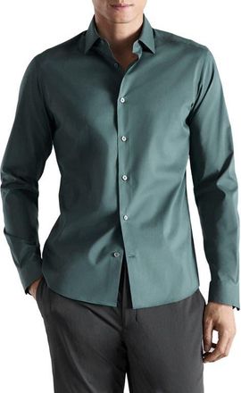 Mango Regular Fit Stretch Cotton Blend Button-Up Shirt in Medium Green at Nordstrom, Size X-Small