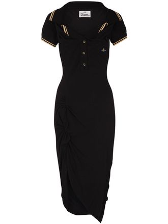 Vivienne Westwood Fitted Black Ruched Midi Dress with Contrasting Stripes