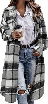 Generic Keepink Womens Jackets Long Plaid Shacket Smart Casual Button Up Tartan Trench Coat Ladies Tweed Blazer Jacket Check Collar Long Sleeve Shirts Outwear