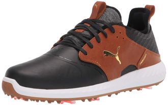 Puma Mens Ignite Pwradapt Caged Crafted Golf Shoe, Black-Leather Brown Team Gold, 7 UK
