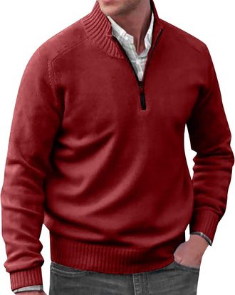 Generic Mens 1/4 Jumpers Thick Wool Sweater Stand Collar Pullover Sweater Cotton Long Sleeve Jumper Winter Pullover Classic Plain Golf Sweater Warm Work Jumpe