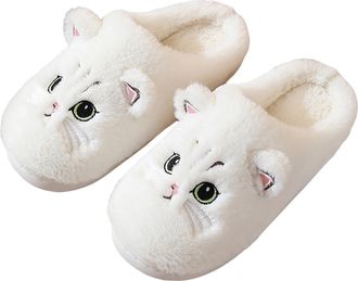 Generic Womens Cat Slippers Size 4-8 Cute Animal Fluffy Wide Fit Closed Toe Slip On Soft Comfy Slides Home Shoes For Women (White, Adult, Women, 4, Numeric, U