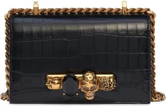 Alexander McQueen Alexander McQueen Jewelled Knuckle Croc Embossed Leather Crossbody Bag in Black/gold at Nordstrom