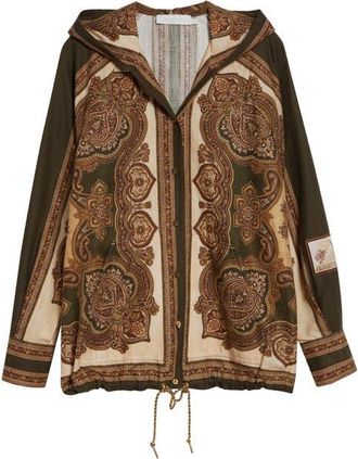 Zimmermann Mahon Paisley Print Hooded Button-Up Shirt in Olive Paisley at Nordstrom, Size 4