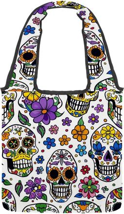 Generic Colorful Sugar Skull Flower Reversible Canvas Shoulder Tote - Double-Sided Print, 12oz Cotton, 27cm Drop, Fold-Flat Bag for Travel, Shopping, Street O