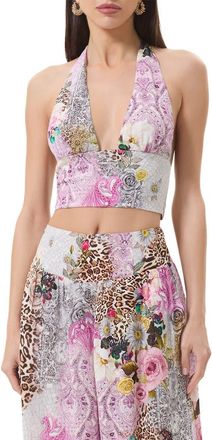 AFRM Sylas Mix Print Plunge Halter Neck Crop Top in Natural Patchwork at Nordstrom, Size X-Small