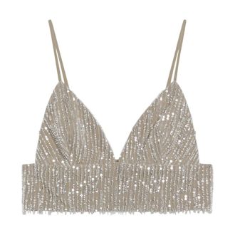Ami Geborduurd Kort Topje - Dames - Tops - Beige - Maat: XS Zijde