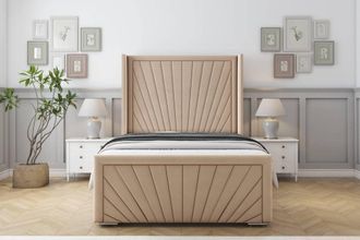 Sloomy Rutherford Plush Bed Frame With 50 Upholstered Wingback Headboard in Stone | Size: Double