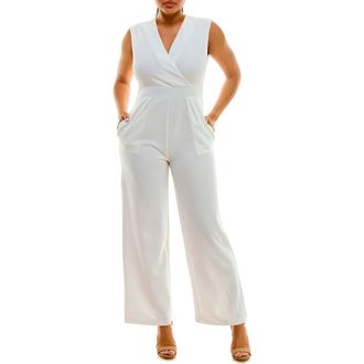 Nina Leonard Surplice V-Neck Wide Leg Jumpsuit in Ivory at Nordstrom Rack, Size Medium