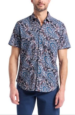 Robert Graham Barrington Floral Paisley Short Sleeve Cotton Crepe Button-Up Shirt in Blue Multi at Nordstrom, Size Xxx-Large