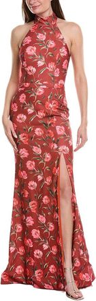 Rene Ruiz Halter Neck Belted Waist Floral Gown