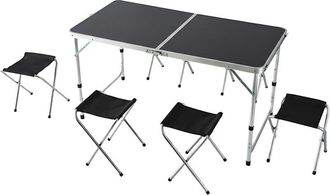 Relaxdays Relaxdays folding camping table, 4 stools, height-adjustable, carry handle, aluminium, MDF, black