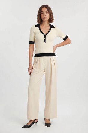 Karen Millen Womens Petite Knit Rib With Contrast Hem Detail Collared Short Sleeve Top - White Polyamide - Size X-Small