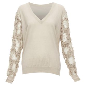 Dries Van Noten Cashmere Silk Ruffle Sheer Sleeves V-Neck Sweater