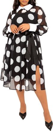 Buxom Couture Polka Dot Long Sleeve Chiffon Shirtdress in Black at Nordstrom, Size 1 X