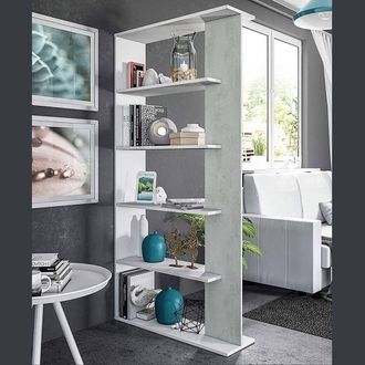 Dmora Dmora - Librer&iacute;a Dblanc, Librer&iacute;a De Doble Cara Con 5 Estantes, Estante Separador Para Oficina O Dormitorio, 90x25h180 Cm, Blanco Y Cemento