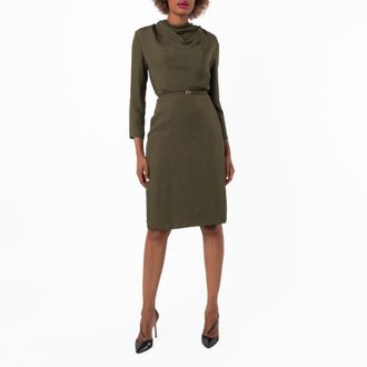 Bally Military Green Cowl-Neck Belted Midi Dress, Brand Size 40 ( US Size 6 )
