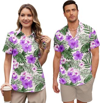Generic Women Hawaiian Shirt Couples Matching Tropical Flower Short Sleeve Beach Shirts
