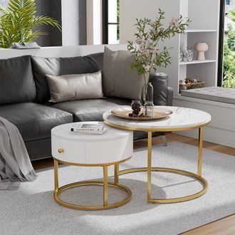 Vicco Juego De Mesa De Centro Madrid, M&aacute;rmol Blanco, 70 X 70 Cm, Mesa Peque&ntilde;a Con Caj&oacute;n, Vicco