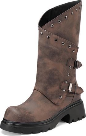 Generic Womens PU Leather Western Cowboy Boots with Side Zipper Round Toe Platform Long Boots Chunky Heel Mid-Calf Boot with Studded,Brown,5.5 UK
