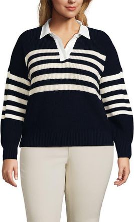 Lands End Drifter Rugby with Woven Collar Sweater in Navy/ivory Placed Stripe at Nordstrom, Size 3X