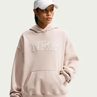 Nike Womens Studio Fleece Medium Weight Graphic Pack Oversized Pullover Logo Hoodie in Brown | IM9830-236