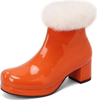 Generic Womens Patent PU Leather Ankle Boots Side Zipper with Faux Fur Trim Decor Comfort Round Toe Block Heel Winter Shoes (7.5,Orange)