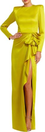 Mac Duggal Long Sleeve Structured Bow Draped Column Gown in Chartreuse at Nordstrom, Size 16