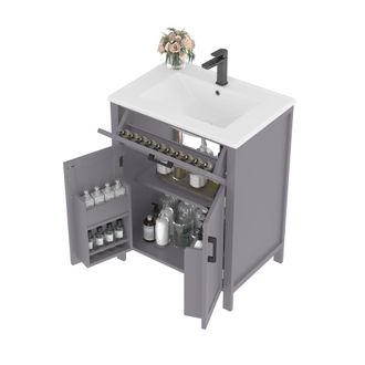 STILVORA Mueble De Ba&ntilde;o Con Lavabo 2 Puertas, 1 Caj&oacute;n Reversible Y Estante Ajustable, En Mdf Y Cer&aacute;mica, 60&times;46&times;84,8 Cm, Gris