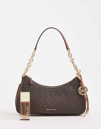 Michael Kors Nolita - Borsa da spalla marrone con monogramma, pochette e catenina