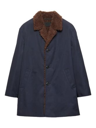 Prada notch-lapel shearling-collar coat - men - Lamb Shearling/Cotton - L - Blue