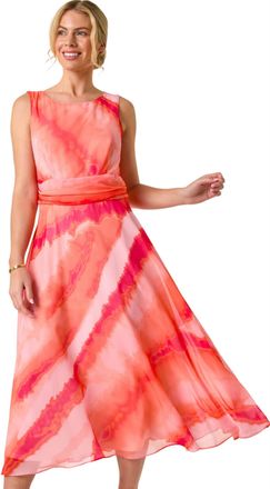Roman Womens Petite Tie Dye Gathered Midi Dress - Coral - Size 14 UK