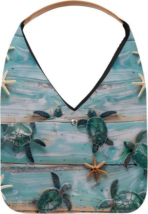Generic Vintage Wooden Board Sea Shell Turtle Reusable Lightweight Grocery Bags - Foldable Into Compact Pouch, Washable & Sturdy, Multipurpose for Shopping an