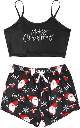 Generic Womens Christmas Pajama Set Sleepwear Set Christmas Pattern Christmas Santa Deers Print Top Vest and Shorts Hot Pants Xmas Thin Nightwear Sexy PJs