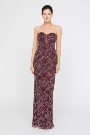 Theia Tessa Strapless Beaded Sweetheart Neckline Mesh Column Gown in Oxblood at Nordstrom, Size 14