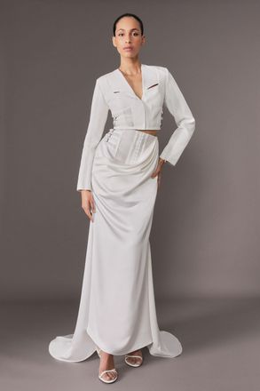 Karen Millen Womens Archive Collection - Tailored Satin Drape Corset Detail Fishtail Maxi Skirt - White - Size 10 UK