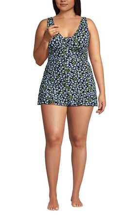 Lands End Plus Size SlenderSuit Grecian Mini Swim Dress in Navy Mini Bloom Floral at Nordstrom, Size 18W