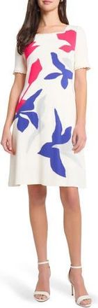 Ming Wang Floral Short Sleeve Sweater Dress in Ivory/Sapphire/fuschia at Nordstrom Rack, Size Xx-Small