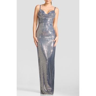Dress The Population Elanora Sequin Column Gown in Navy-Gold at Nordstrom, Size Xx-Large