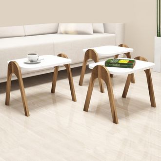 Dmora Mesas De Sal&oacute;n Cerrione, Set De 3 Piezas Apilables, Forma Rectangular, Estructura Marr&oacute;n, 49x36x42h Cm Blanco
