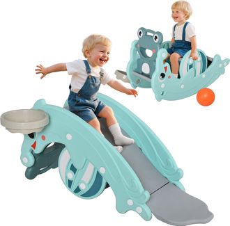 OEM 3 En 1 Caballo Balanc&iacute;n Para Ni&ntilde;os Con Tobog&aacute;n Aro De Baloncesto Set De Juegos Multifuncional Con Superficies Suaves 18-36 Meses Con Forma De Rana Del